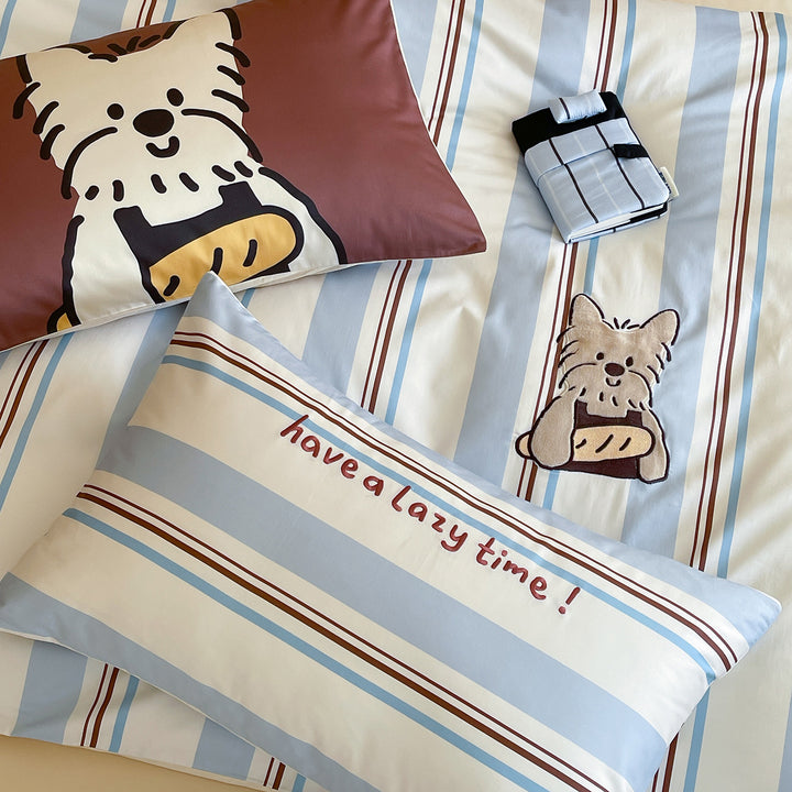 Playful Cartoon Appliqué Striped Cotton Duvet Cover Set