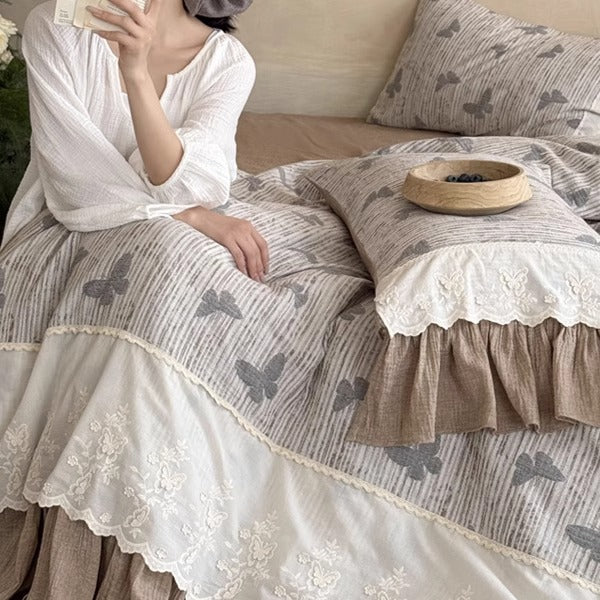 Embroidered Scallop-Edge Duvet Cover Set with Ruffled Bedskirt & Pillow Shams