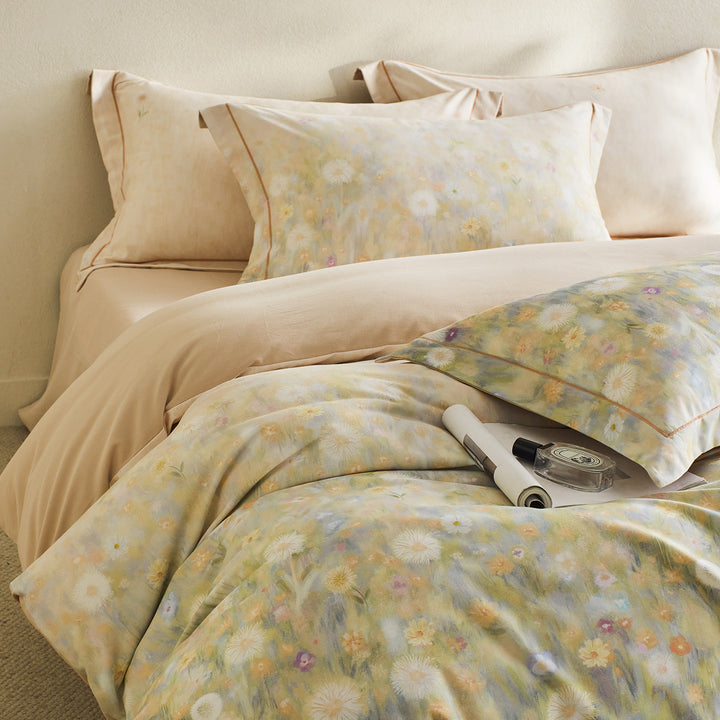 Reversible Botanical Cotton Sateen Duvet Cover Set with Pillow Shams