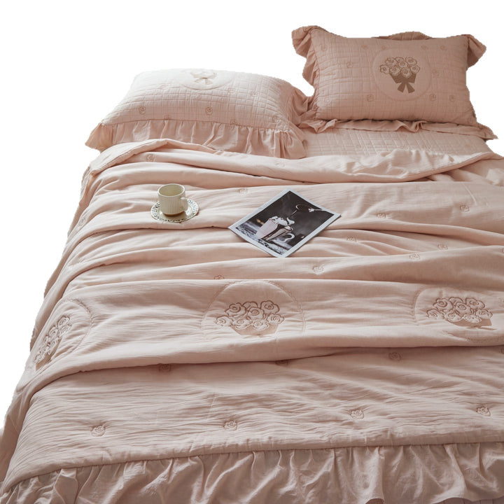 Quilted Floral Embroidered Ruffled Cotton Duvet Cover Set