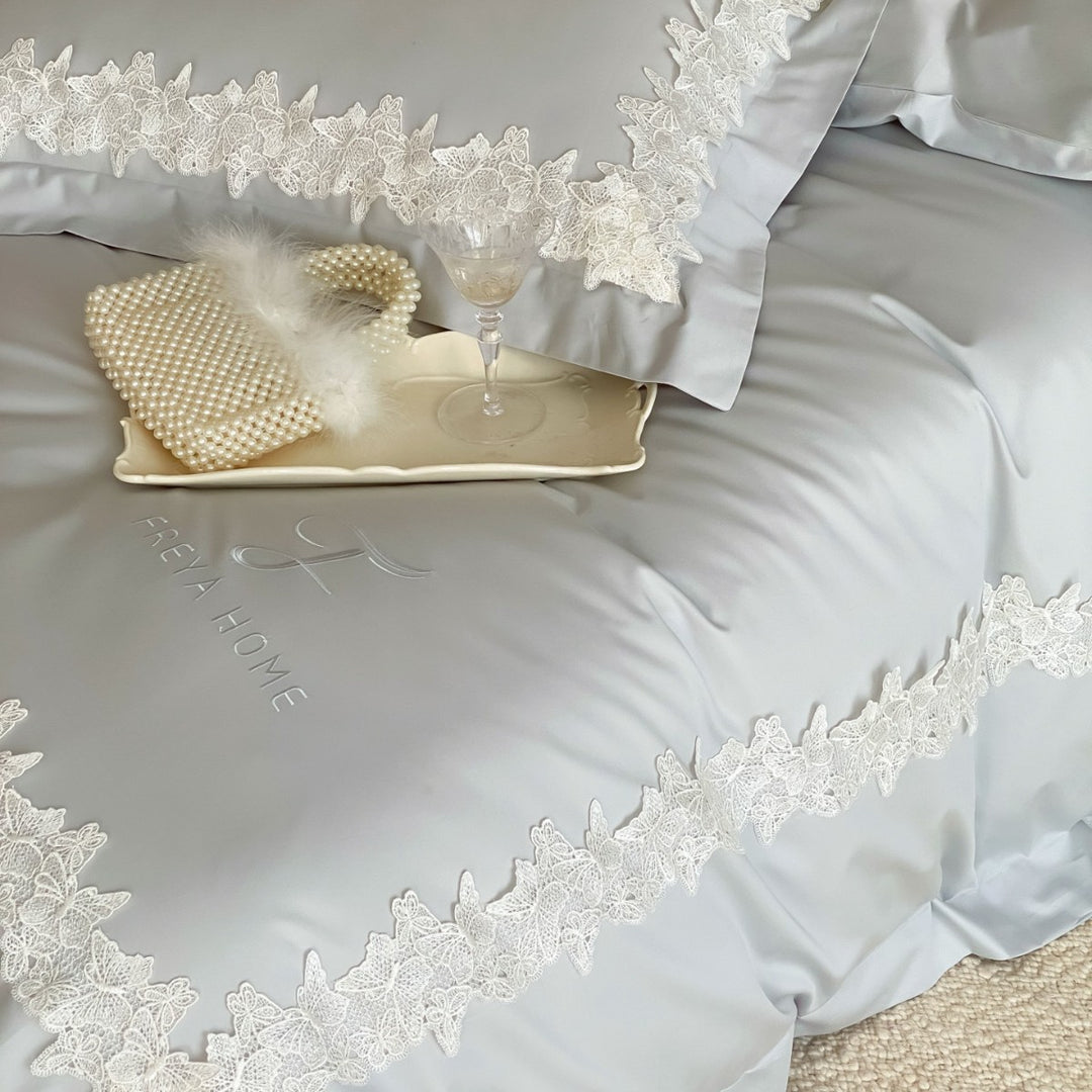 Satin Lace-Trim Duvet Cover Set with Eyelash Fringed Pillow Shams