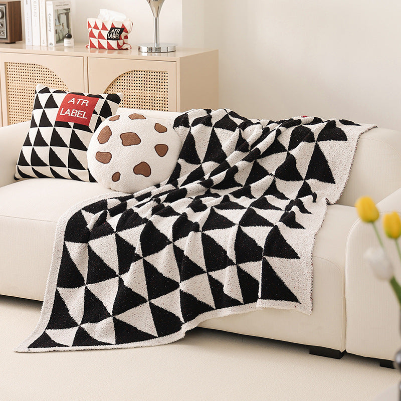 Large patterned bouclé throw blanket with geometric block pattern