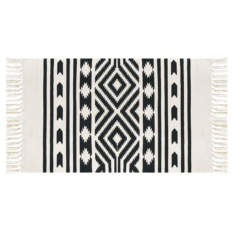 Flat-woven cotton runner with Mediterranean tile jacquard and decorative fringes Stornfield