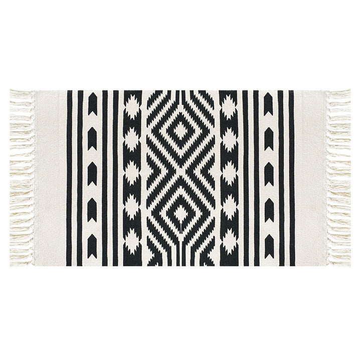 Flat-woven cotton runner with Mediterranean tile jacquard and decorative fringes Stornfield