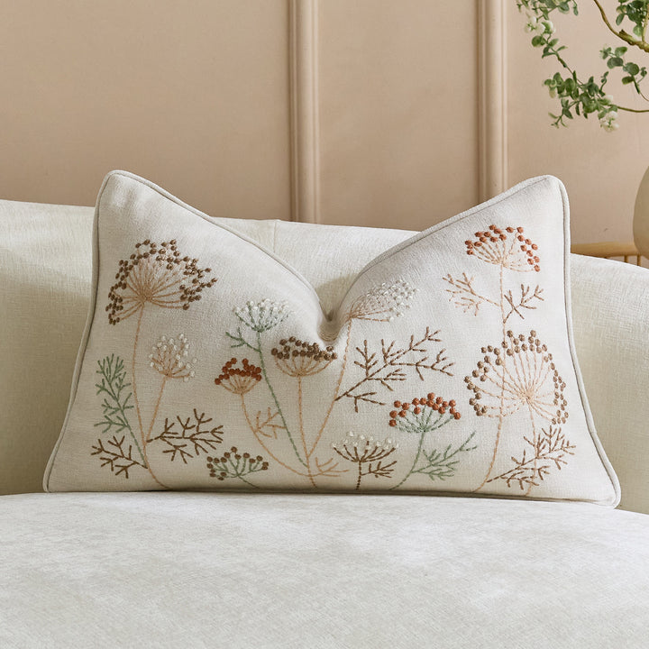 Square Embroidered Botanical Linen-Blend Accent Pillow Cover with Hidden Zipper