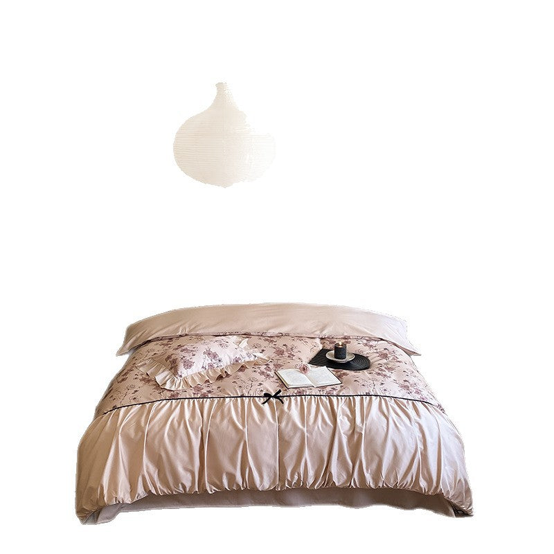 Luxurious satin bedding set with floral print and ruffles