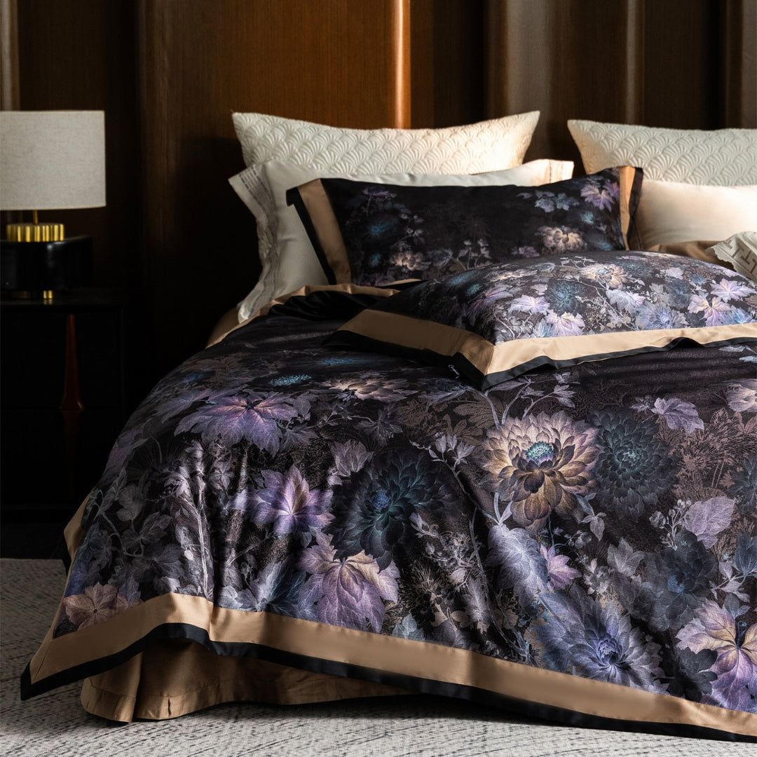 Luxurious Botanical Jacquard Sateen Duvet Cover Set with Contrast Hem & Hidden Closure