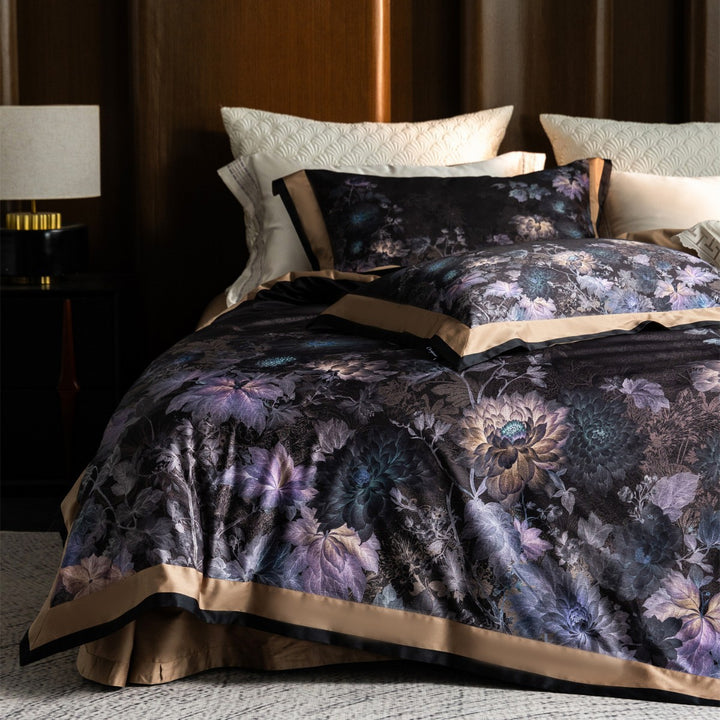 Luxurious Botanical Jacquard Sateen Duvet Cover Set with Contrast Hem & Hidden Closure