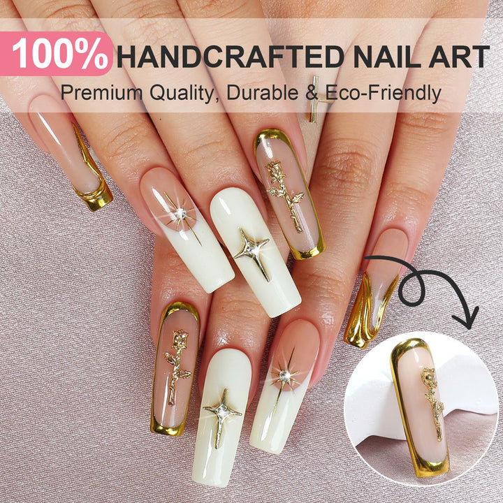 Creative nail art set with golden accents and floral details Stornfield