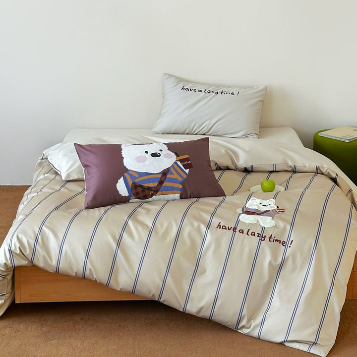Polka Dot Embroidered Cotton Sateen Duvet Cover Set with Cute Black Cat Applique