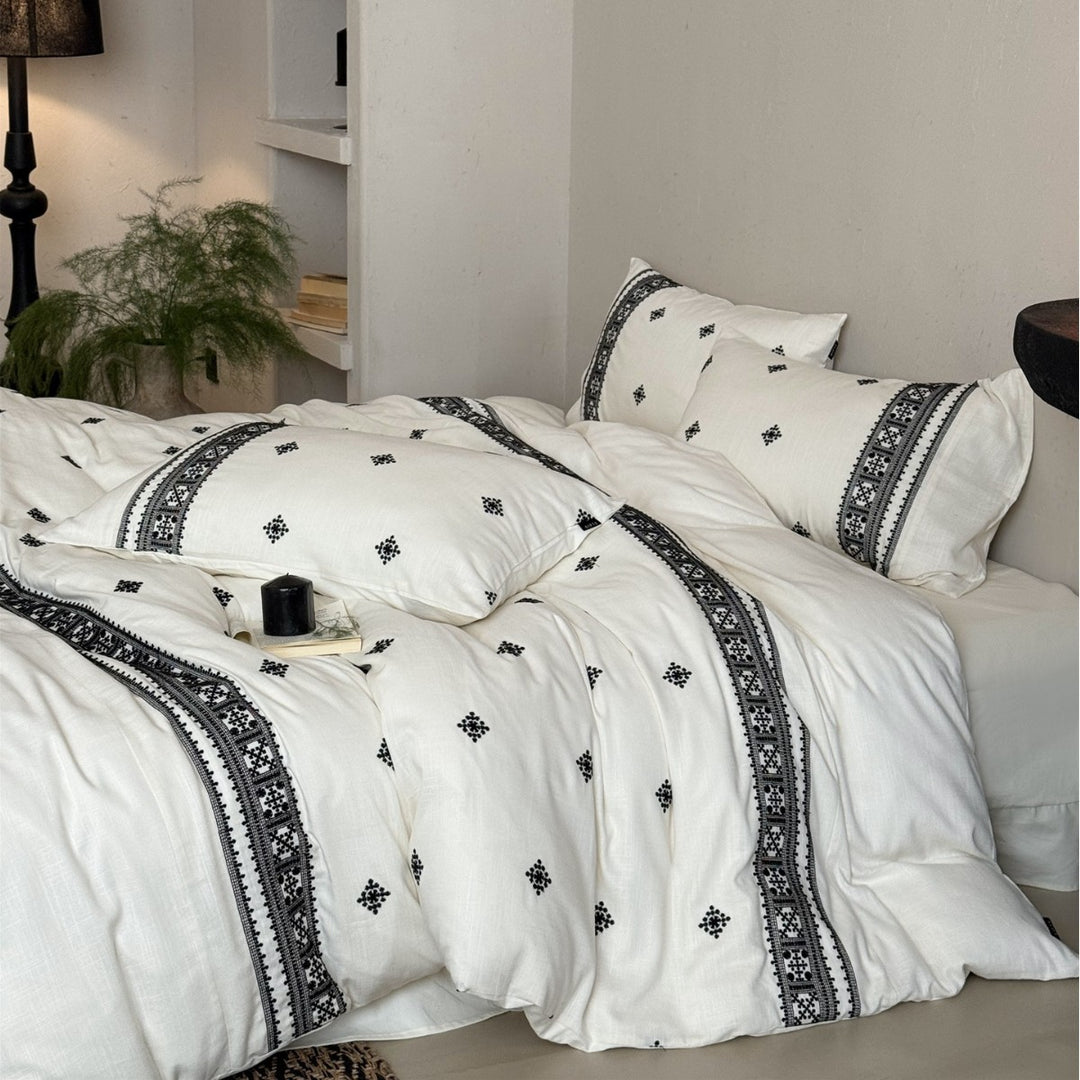 Hand-Embroidered Bohemian Cotton-Linen Duvet Cover Set with Decorative Border and Envelope Shams