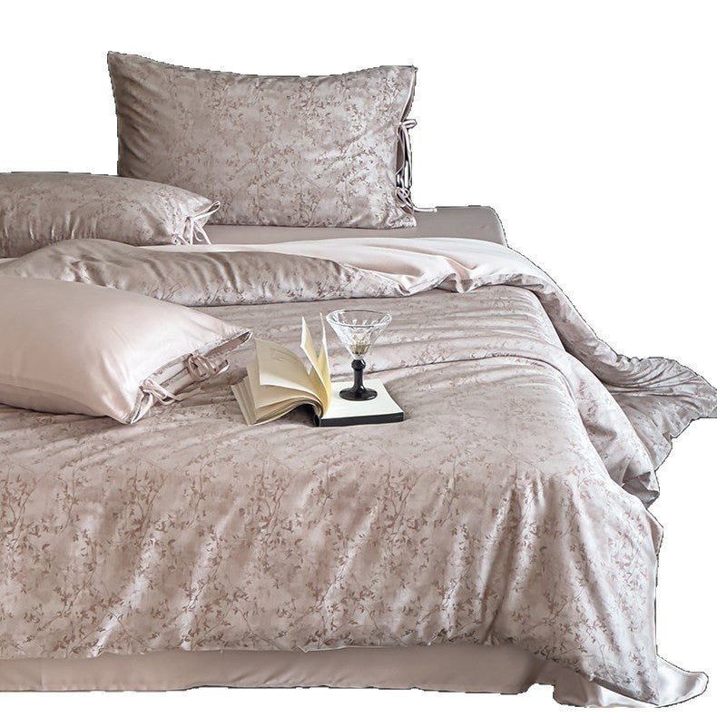 Jacquard Satin-Look Duvet Cover Set with Tied Pillow Shams