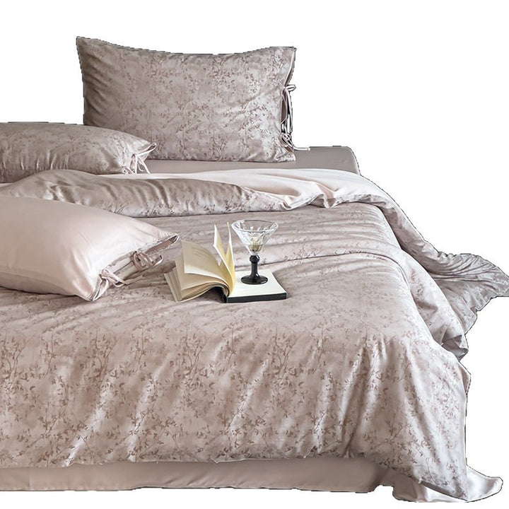 Jacquard Satin-Look Duvet Cover Set with Tied Pillow Shams