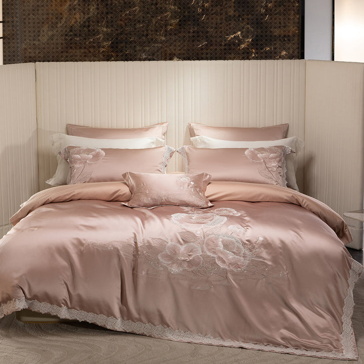 Satin Embroidered Floral Duvet Cover Set with Lace-Edged Pillow Shams
