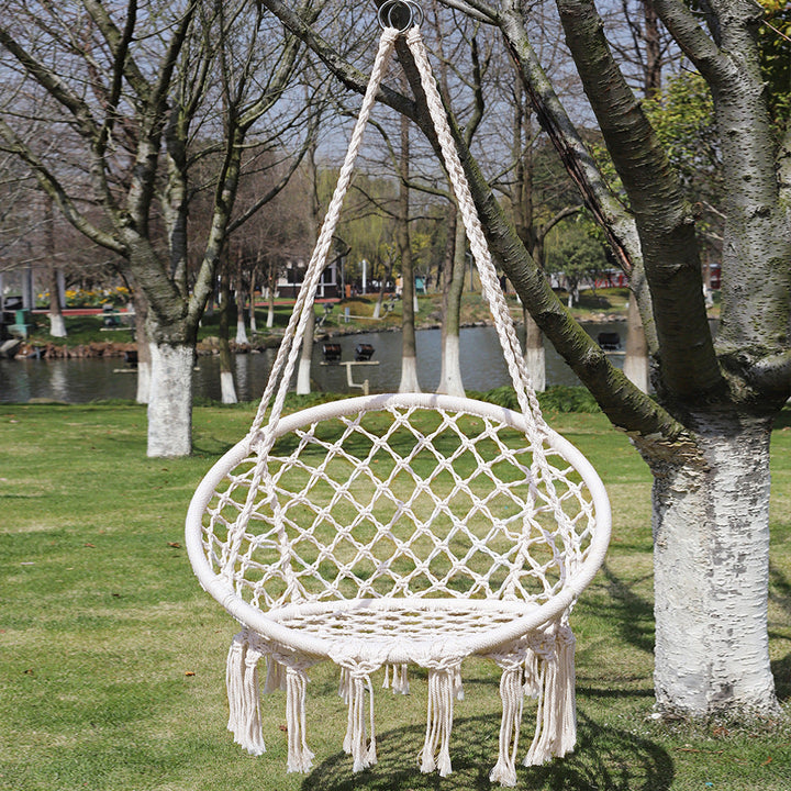 Macrame hanging chair with complete ceiling mounting kit and decorative tassel fringe Stornfield