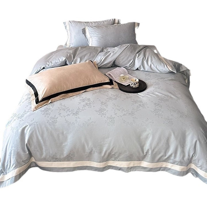Satin Jacquard Duvet Cover Set with Contrast Border and Floral Motif