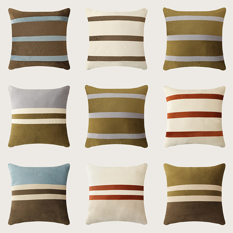 Square velvet decorative cushion with contrasting stripes and hidden zipper
