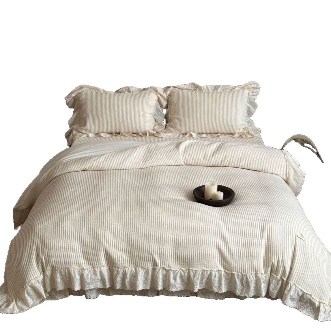 Ruffled Lace Trim Ribbed Duvet Cover Set