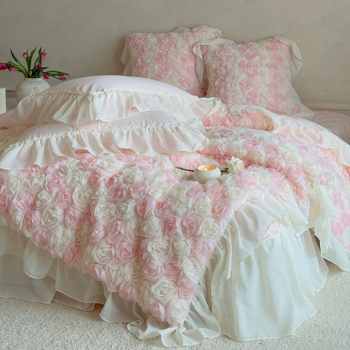 Romantic Three-Dimensional Rose Applique Floral Duvet Cover Set with Ruffled Shams