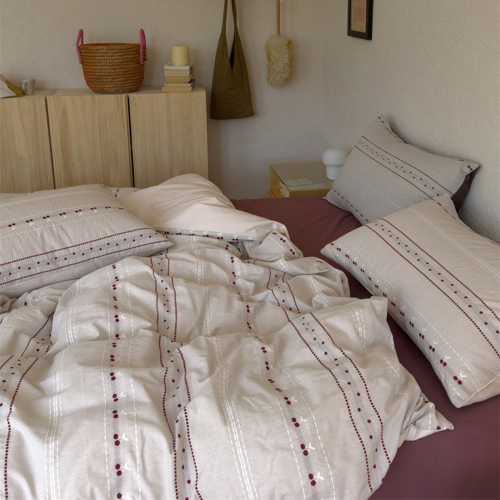 Reversible Cotton-Linen Duvet Cover Set with Eyelet Stripe Embroidery and Envelope Closure