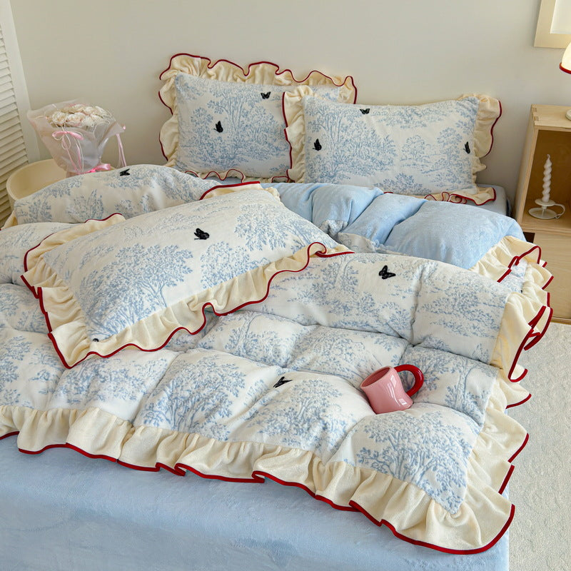 Ruffled Toile Comforter and Shams Set with Contrast Piping