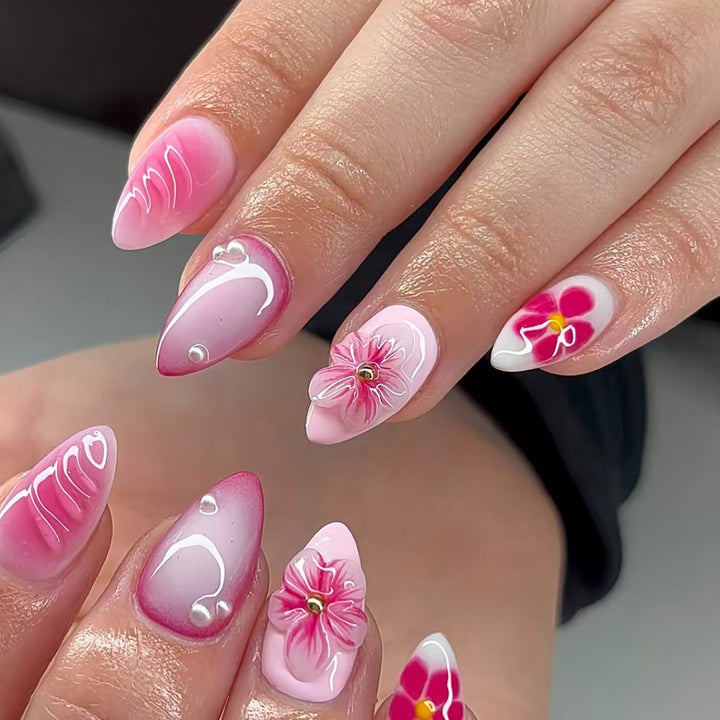 Artificial nails with floral design and 3D flowers Stornfield