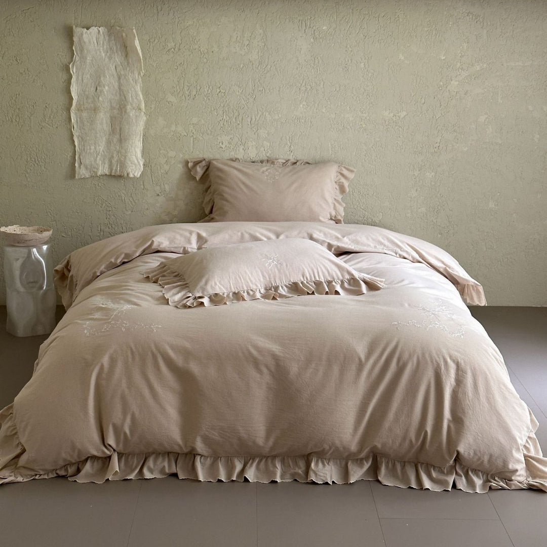 Ruffled Embroidered Cotton Duvet Cover Set with Pillow Shams