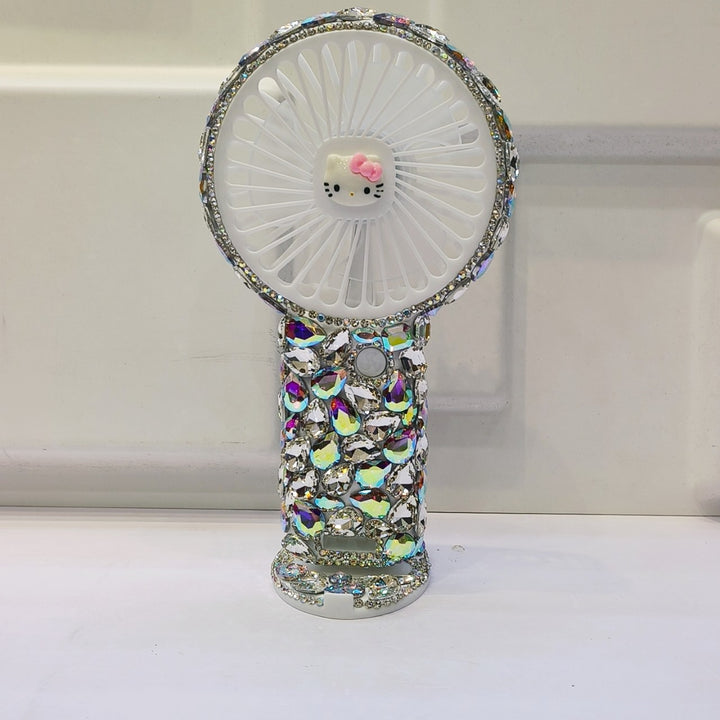 Women's portable hand fan rechargeable with rhinestone accents and cat emblem Stornfield