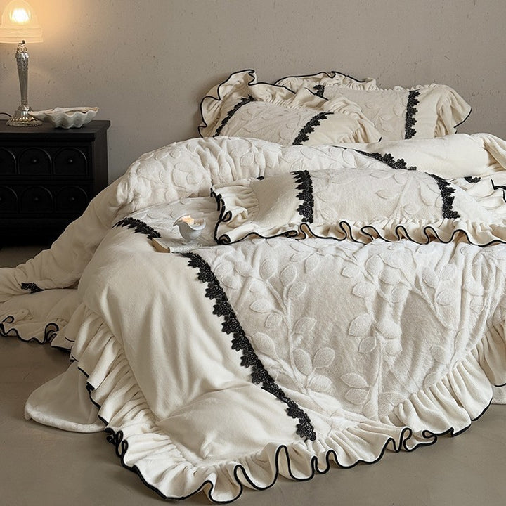 Luxurious Velvety Bedding Set with Ruffle and Floral Lace Border