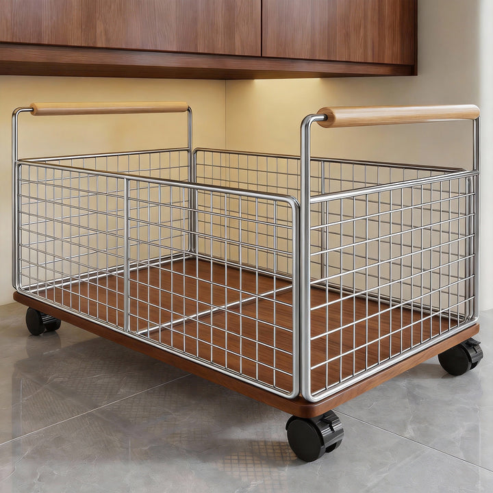 Large Rectangular Metal Mesh Utility Basket with Wooden Handle