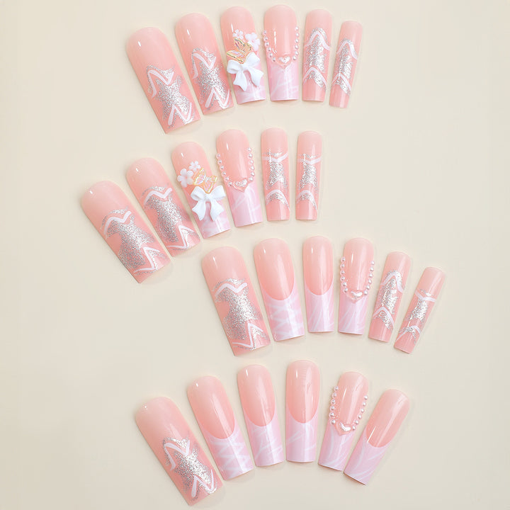 Elegant Decorative Press-On Nail Set with Floral and Pearl Accents Stornfield
