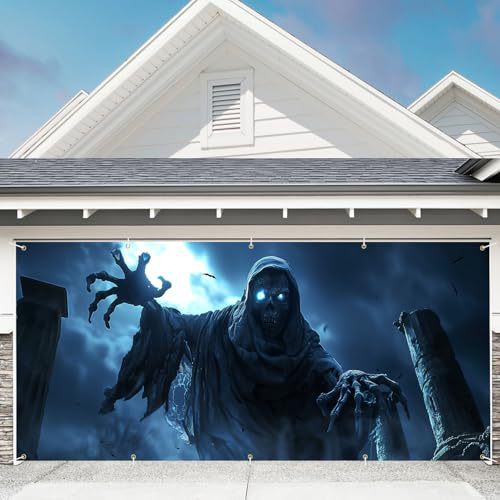 Large-format Halloween photo background made of weatherproof polyester with grommeted fastening edge and bright Haunted House motif