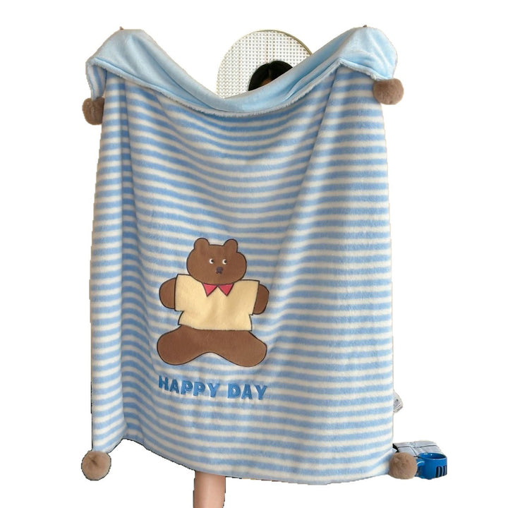 Plush cuddle blanket with striped texture, pom-pom corners & embroidered bear motif