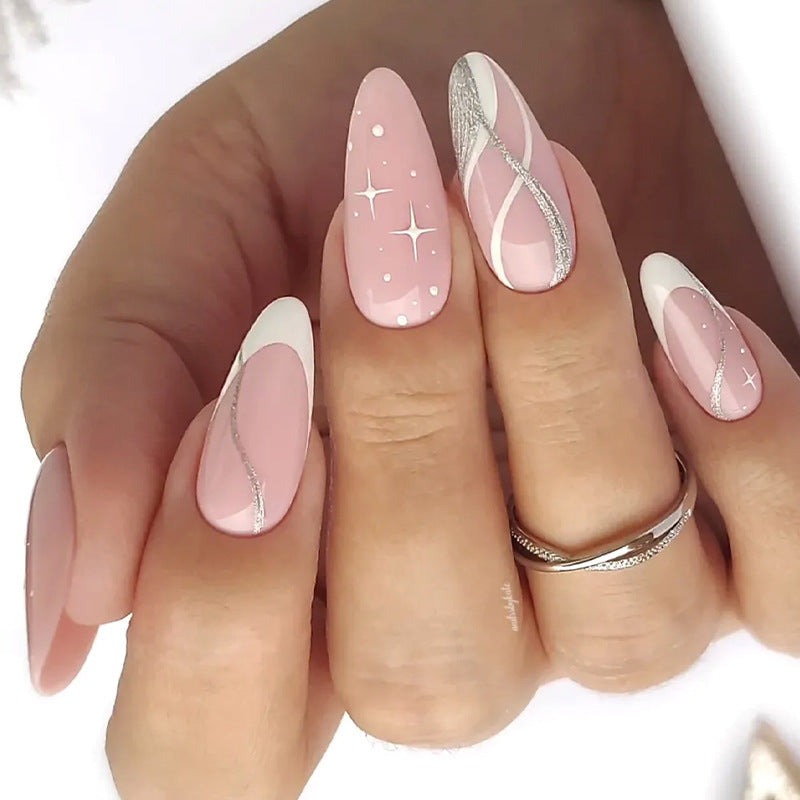 Artificial nail set with elegant marbled tips and glitter accents Stornfield