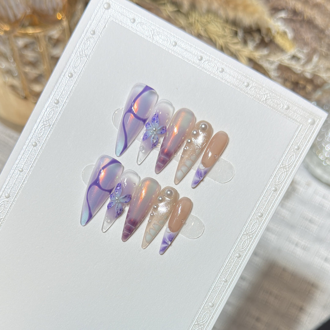 Artistic Stiletto Press-On Nail Design Set with Floral Elements Stornfield