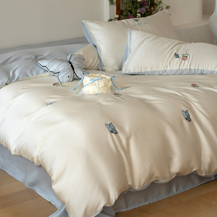 Silky bedding set with butterfly and rose embroidery
