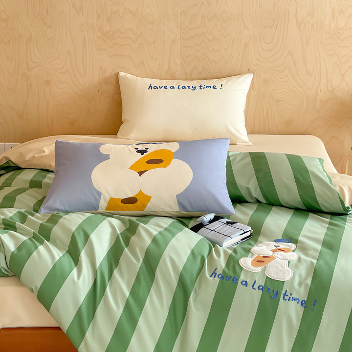 Playful Cartoon Appliqué Striped Cotton Duvet Cover Set
