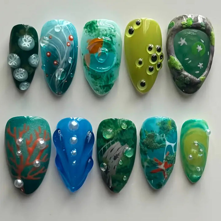 Artistic Marine-Inspired Press-On Nail Art Stornfield