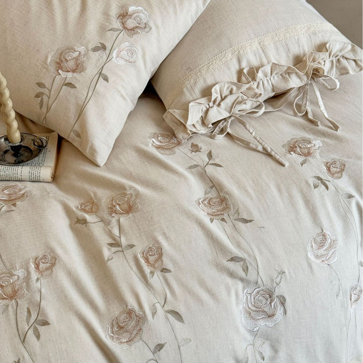 Embroidered Rose Linen‑Feel Ruffled Duvet Cover Set with Ties
