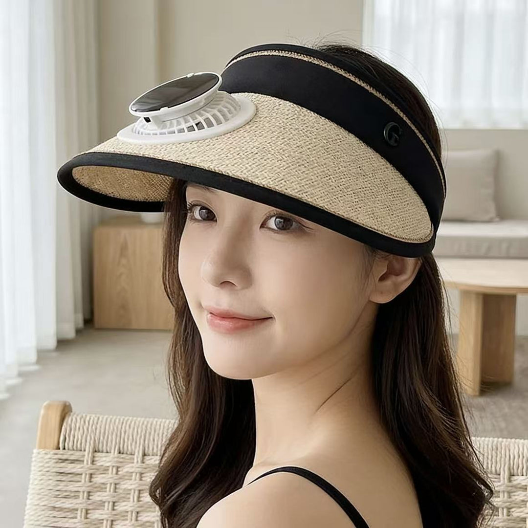 Foldable straw hat visor with integrated solar fan, adjustable neck strap, and breathable sweatband Stornfield