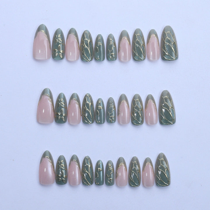 Artistic Press-On Nail Set with Gold Accents