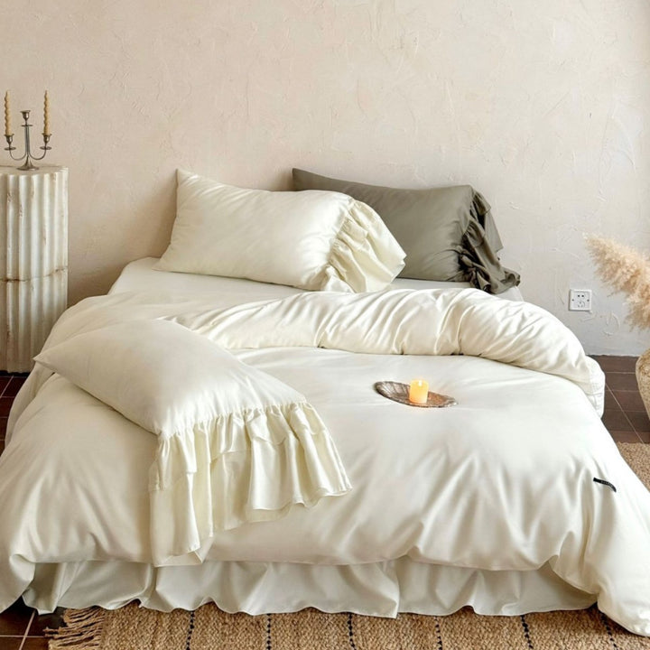 Ruffled-Edge Sateen Duvet Cover Set with Skirted Bedskirt & Decorative Pillow Shams