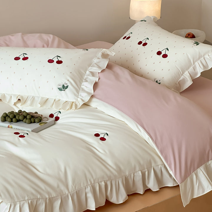 Romantic cotton satin duvet cover set with cherry embroidery, ruffle and reversible function