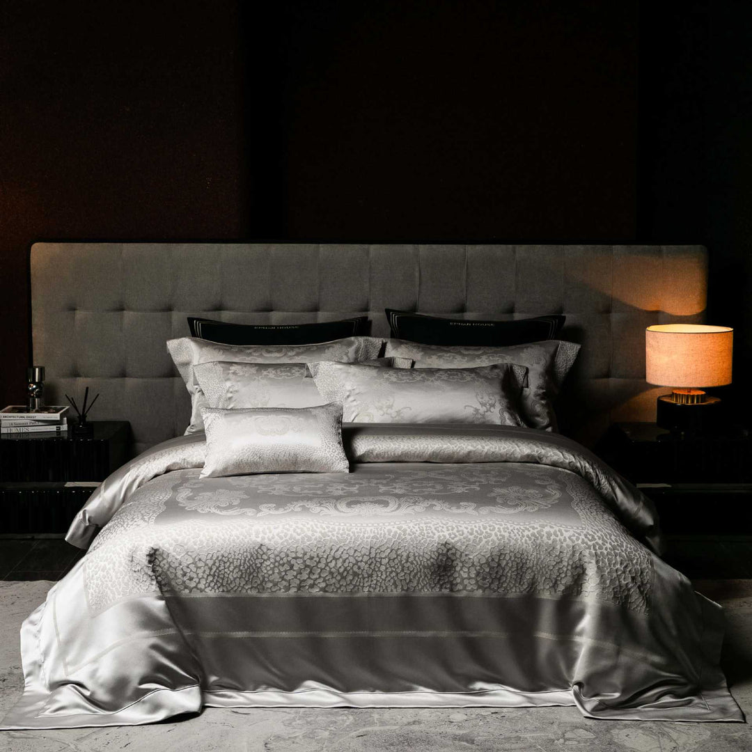 Jacquard bedding set made of cotton satin with embossed medallion and pillow ruffle