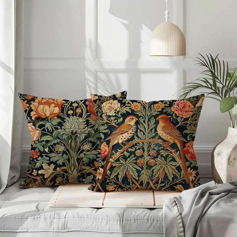 Vintage Botanical Tapestry-Style Cotton-Linen Square Throw Pillow Cover