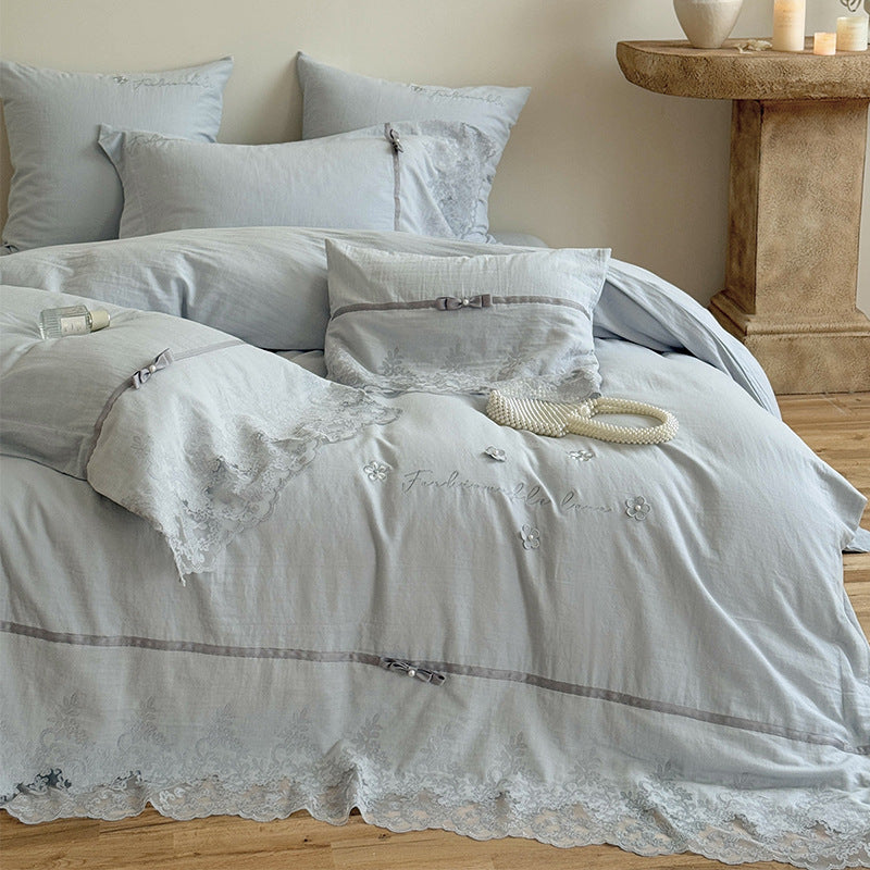 Romantic Lace-Edged Embroidered Duvet Cover Set with Satin Ribbon Trim & Scalloped Hem