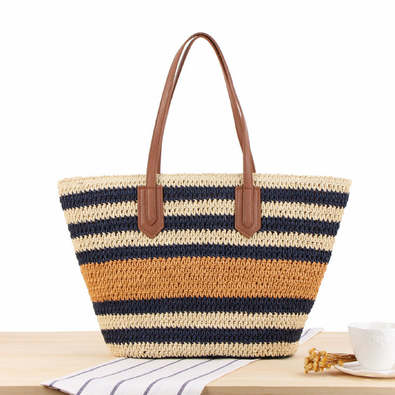 Braided tote bag with modern stripes and leather handles Stornfield
