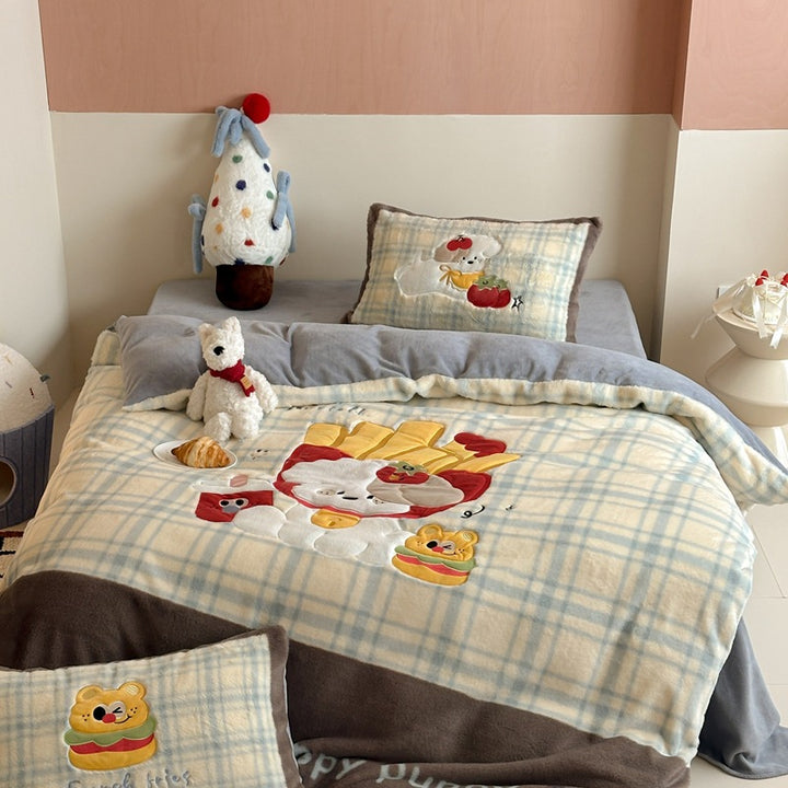 Cozy quilted bedspread with plush appliqués and matching pillowcases