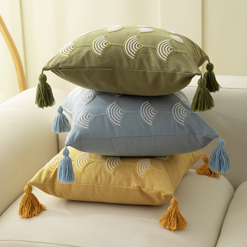 Embroidered decorative pillow with tassels and geometric pattern Stornfield