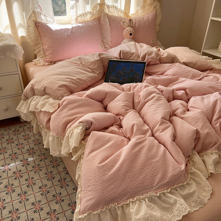 Ruffled Eyelet Lace Trim Gingham Cotton Duvet Cover Set